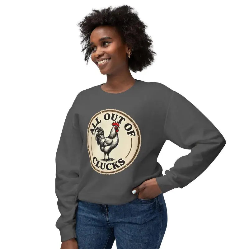 Gray sweatshirt featuring a rooster graphic from the White All Out of Clucks Crewneck collection