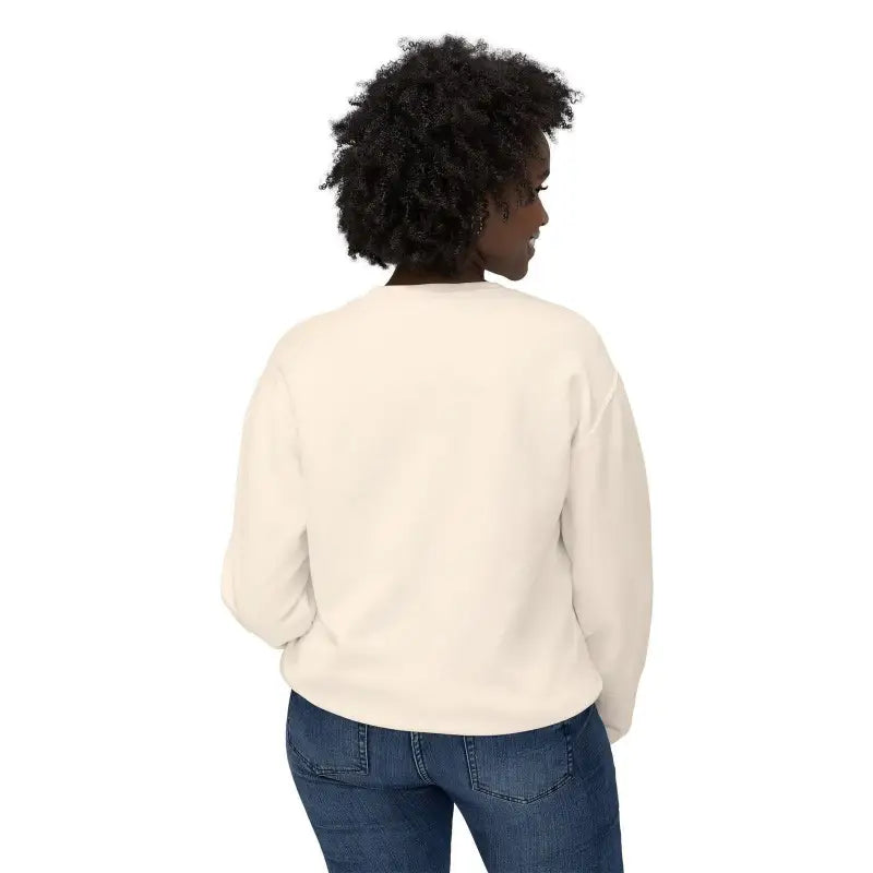 Woman in cream sweatshirt and blue jeans wearing White All Out of Clucks Crewneck