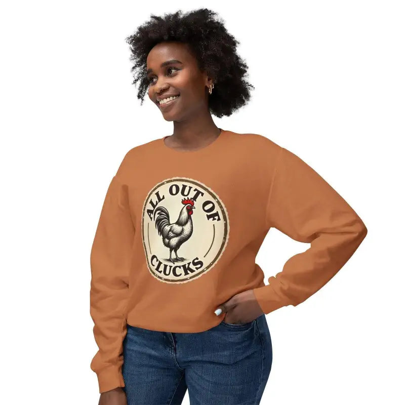 Woman showcasing White All Out of Clucks Crewneck Sweatshirt in a casual setting