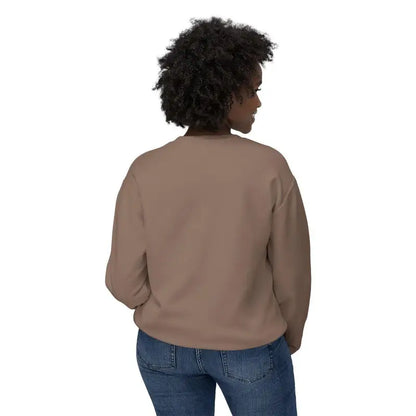 Woman modeling a White All Out of Clucks Crewneck Sweatshirt with brown sweatshirt and blue jeans