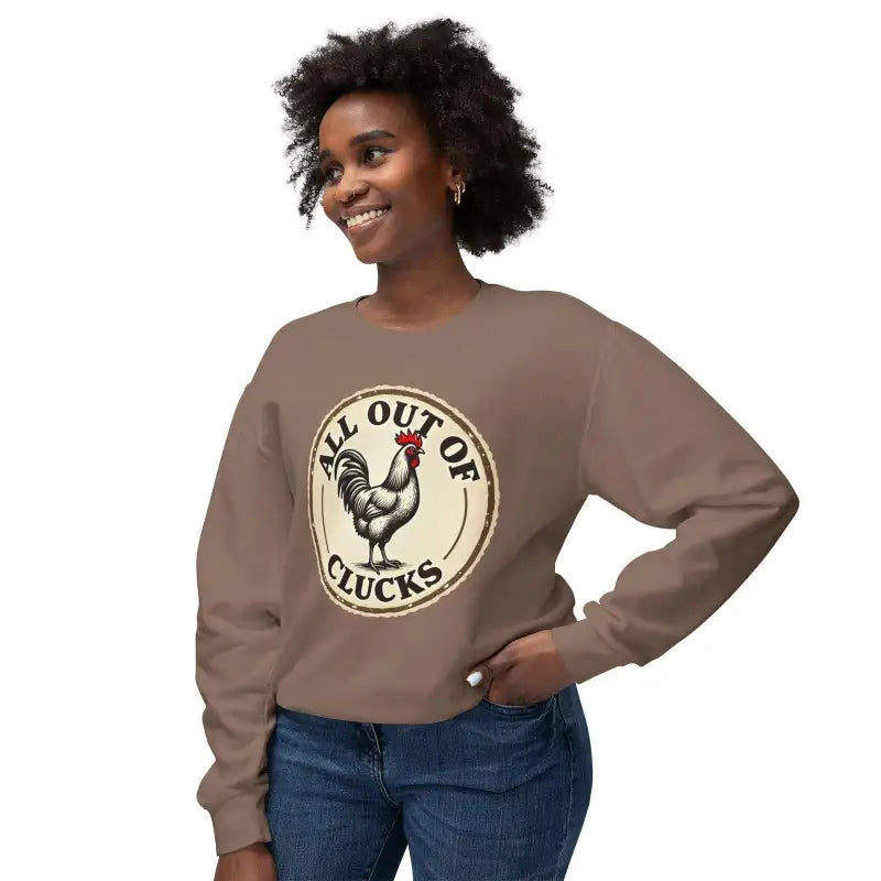 Woman modeling White All Out of Clucks Crewneck Sweatshirt with chicken graphic