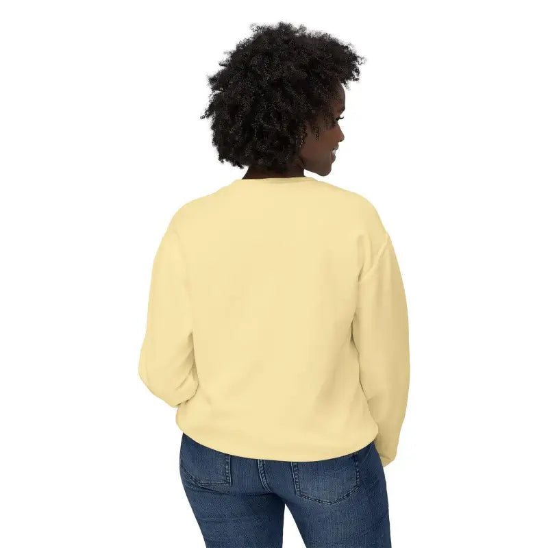 Woman in yellow sweatshirt and jeans showcasing White All Out of Clucks Crewneck Sweatshirt