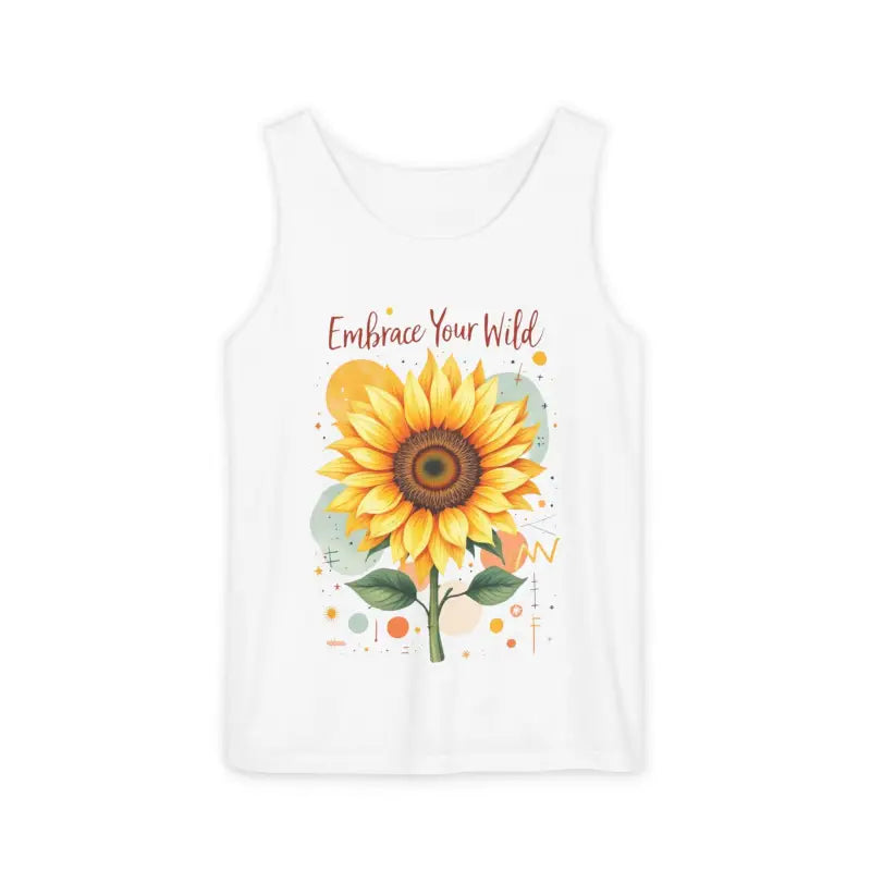 White tank top featuring a sunflower design from the White and Coral Sunflower Tank Tops collection