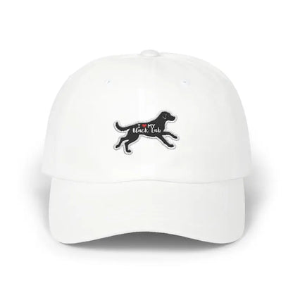 White baseball cap featuring an elegant black lab design for dog lovers