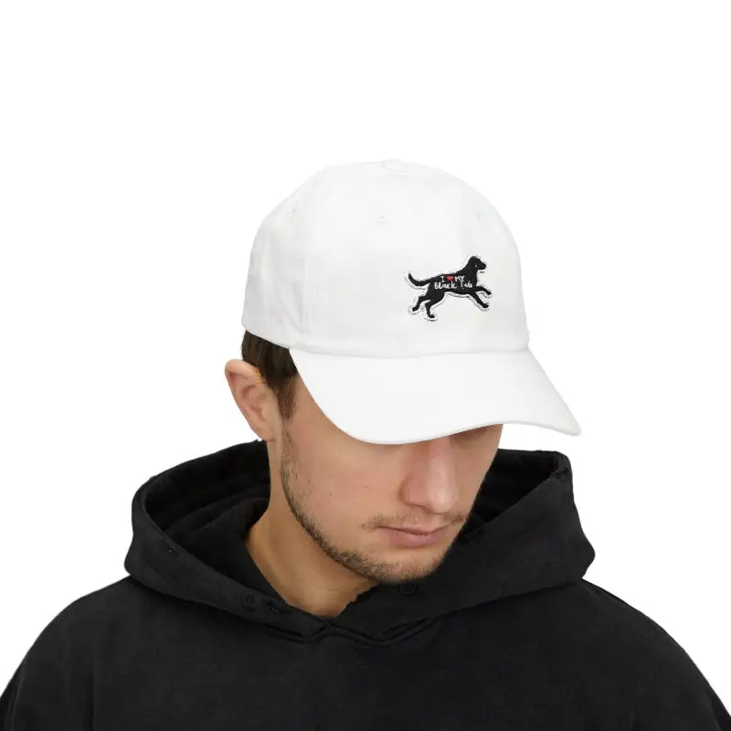 White Baseball Cap with Black Lab Design showcasing style and pet enthusiasm