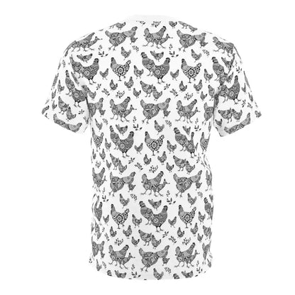 Chic Chicken Pattern Unisex Tee featuring a whimsical chicken design for farmhouse style
