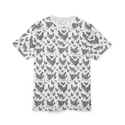 White unisex t-shirt featuring a playful chicken pattern for a stylish farmhouse vibe