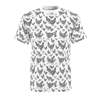 White chicken pattern unisex tee offering a fun and stylish farmhouse vibe