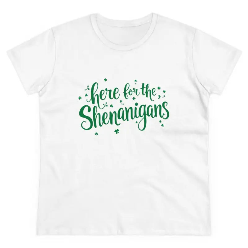 White Cotton T Shirt with Green Text for Women displayed on a neutral background