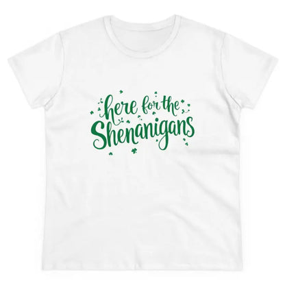 White Cotton T Shirt with Green Text for Women displayed on a neutral background