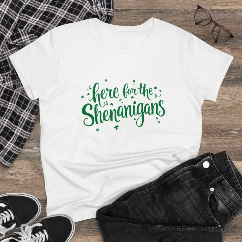 White Cotton T Shirt with Green Text for Women displayed on a neutral background