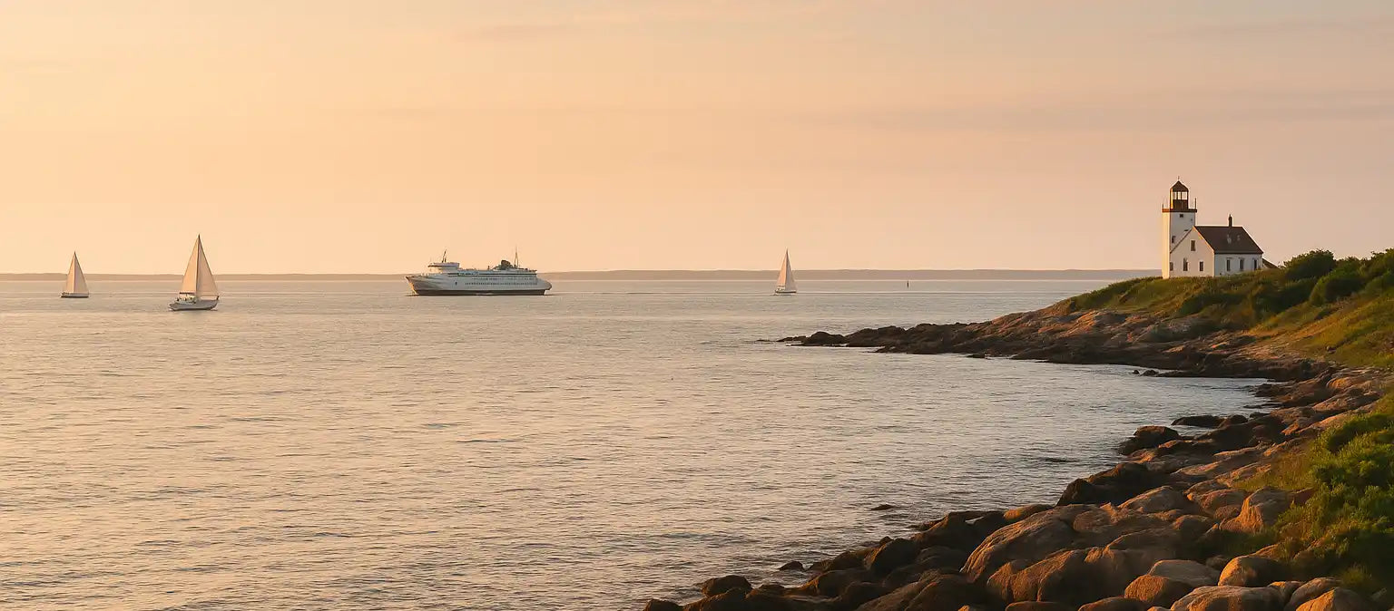 A white lighthouse on a rocky coast.