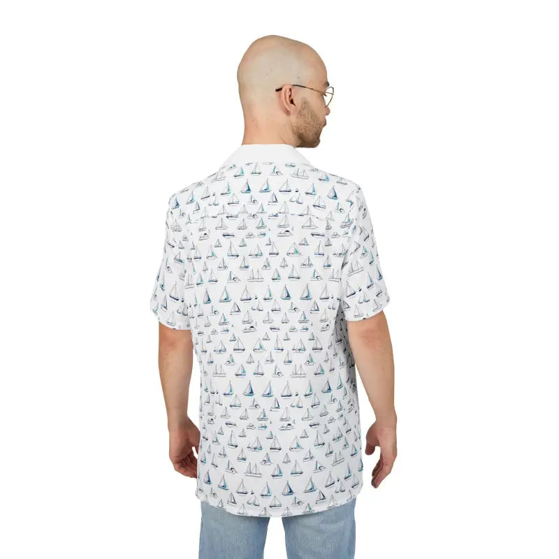 White Short Sleeved Shirt with Sailboat Pattern - Ocean State Styles