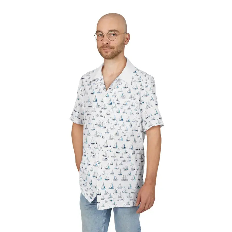 White Short Sleeved Shirt with Sailboat Pattern - Ocean State Styles