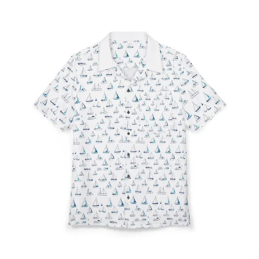 White Short Sleeved Shirt with Sailboat Pattern - Ocean State Styles