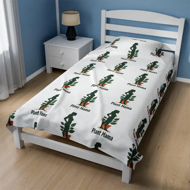 Twin bed featuring Plant Mama themed bedding with White Velveteen Plush Blanket