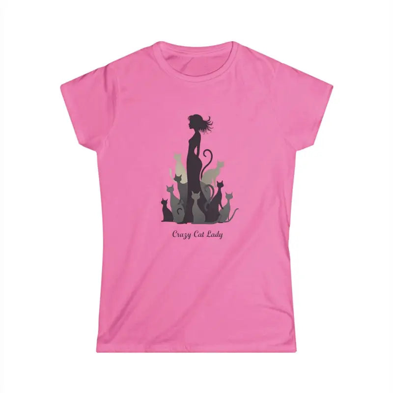 Pink Cat Lady Graphic Tee for Women featuring a colorful design in purple and light blue