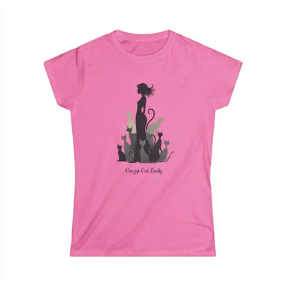 Pink Cat Lady Graphic Tee for Women featuring a colorful design in purple and light blue
