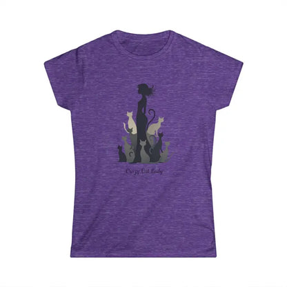 Purple Women Cat Lady Graphic Tee featuring playful cat design in vibrant colors