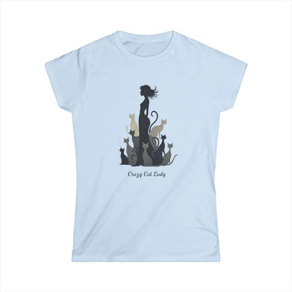 Light blue t-shirt featuring cat lady graphic from Women Cat Lady Graphic Tee collection