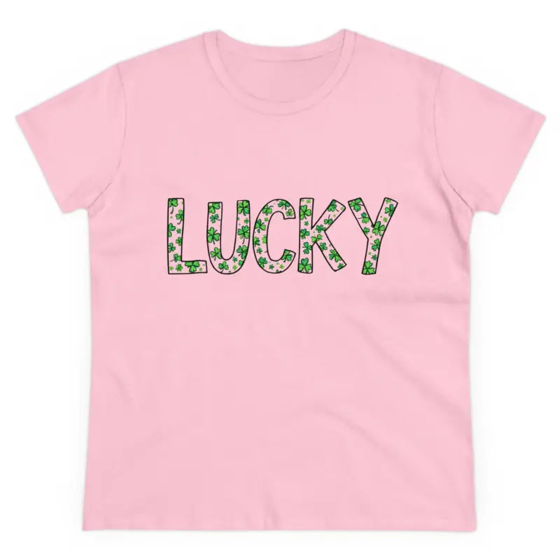 Pink Women Lucky Shamrock Tee featuring LUCKY text for St Patrick’s Day celebrations