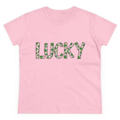 Pink Women Lucky Shamrock Tee featuring LUCKY text for St Patrick’s Day celebrations