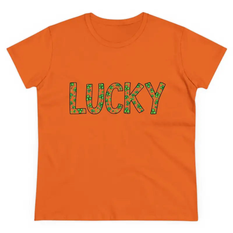 Orange Women Lucky Shamrock Tee featuring LUCKY text for St Patrick’s Day celebration