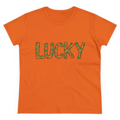 Orange Women Lucky Shamrock Tee featuring LUCKY text for St Patrick’s Day celebration