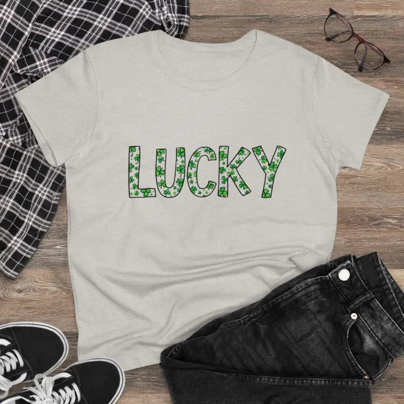 Women Lucky Shamrock Tee for St. Patrick’s Day featuring a vibrant shamrock design