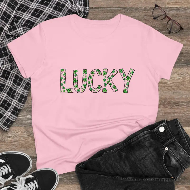 Pink t-shirt featuring a LUCKY shamrock design for Women on St Patrick’s Day
