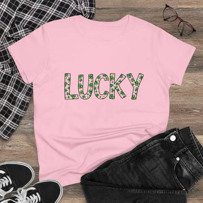 Pink t-shirt featuring a LUCKY shamrock design for Women on St Patrick’s Day