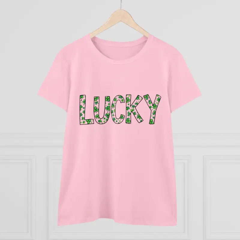 Pink Women Lucky Shamrock Tee for St Patrick’s Day featuring a shamrock design