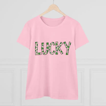 Pink Women Lucky Shamrock Tee for St Patrick’s Day featuring a shamrock design