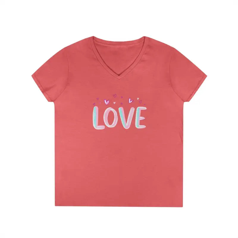 Salmon-colored V-neck t-shirt featuring LOVE graphic from Women V Neck Love Tee collection
