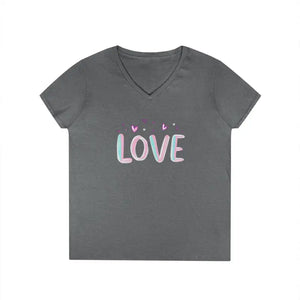 Women V Neck Love Tee Casual Style in Pink Gray Salmon - Ocean State Styles