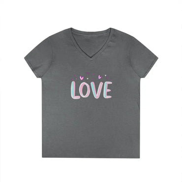 Gray V-neck t-shirt featuring LOVE design from Women V Neck Love Tee collection