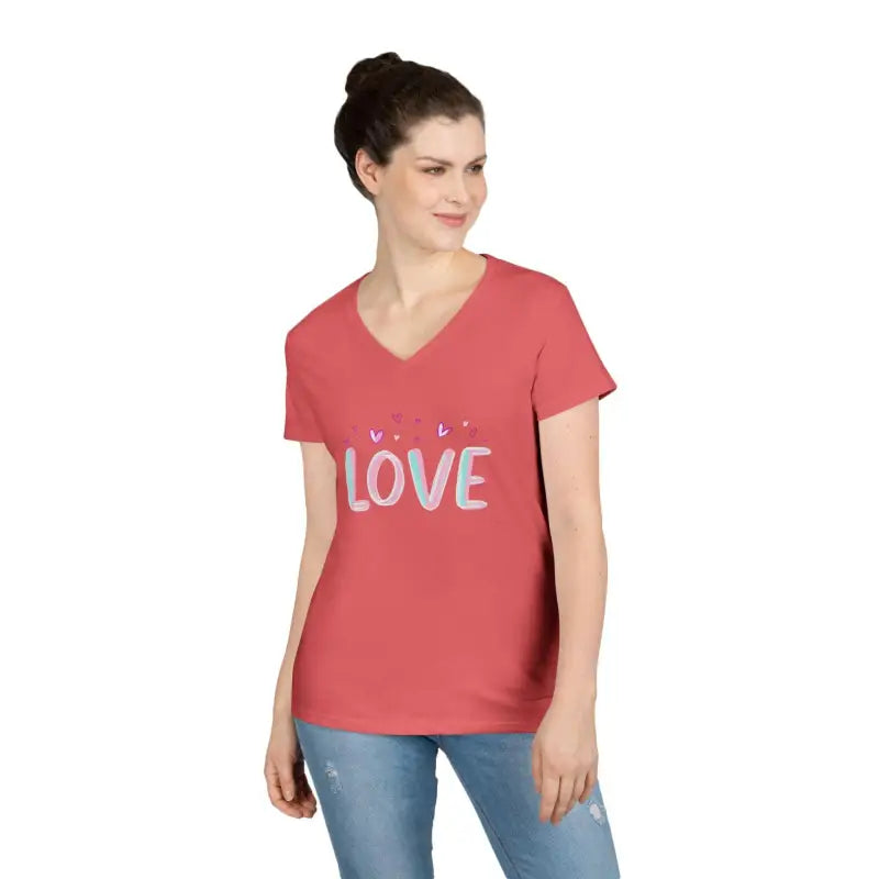 Women V Neck Love Tee Casual Style in Pink Gray Salmon - Ocean State Styles