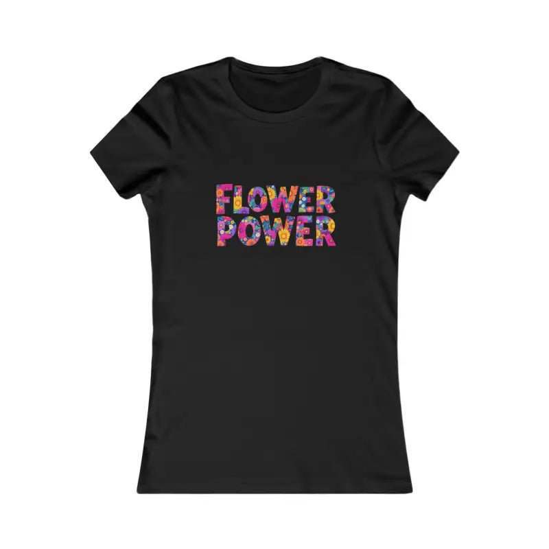 Black women’s T-shirt with colorful floral print and FLOWER POWER text for Women’s Floral Flower Power Print T Shirt