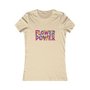 Light beige short-sleeved women’s T-shirt with colorful floral Flower Power print