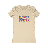 Light beige short-sleeved women’s T-shirt with colorful floral Flower Power print