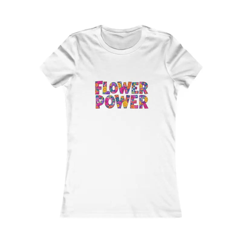 White short-sleeved women’s T-shirt with colorful floral Flower Power print
