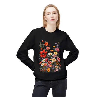 Black sweatshirt featuring a floral design from the Women’s Floral Sweatshirt collection