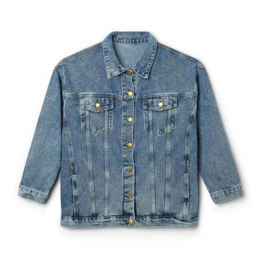 Women’s light wash denim jacket with gold buttons and crescent moon and stars design