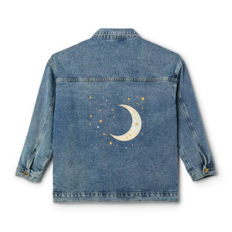 Light wash denim jacket for women featuring a crescent moon and stars design on the back