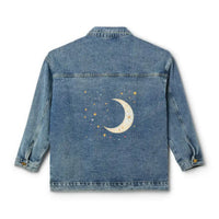 Light wash denim jacket for women featuring a crescent moon and stars design on the back