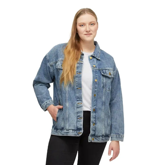 Women’s light wash denim jacket with gold buttons and crescent moon and stars design