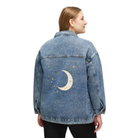 Woman modeling a light wash denim jacket with moon and stars design on the back