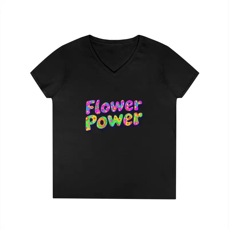 Black short-sleeved V-neck T-shirt with colorful Flower Power text for Women’s V Neck Flower Power T Shirt