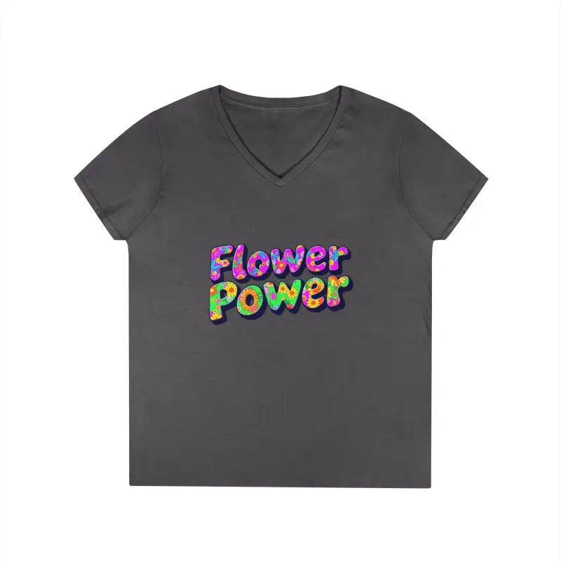 Dark grey women’s V neck T shirt with Flower Power colorful textured lettering