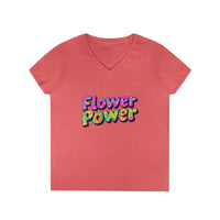 Pink women’s V-neck T-shirt with Flower Power graphic for Women’s V Neck Flower Power T Shirt